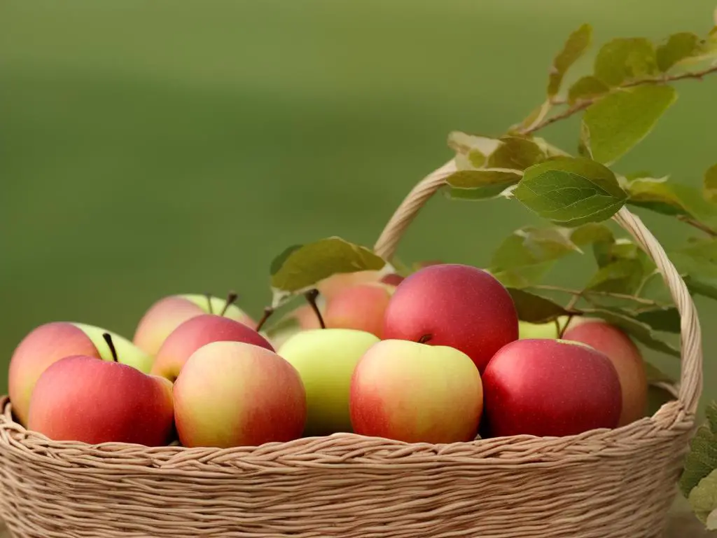 A photo of several ripe apples in a wicker basket, with green leaves visible in the background.