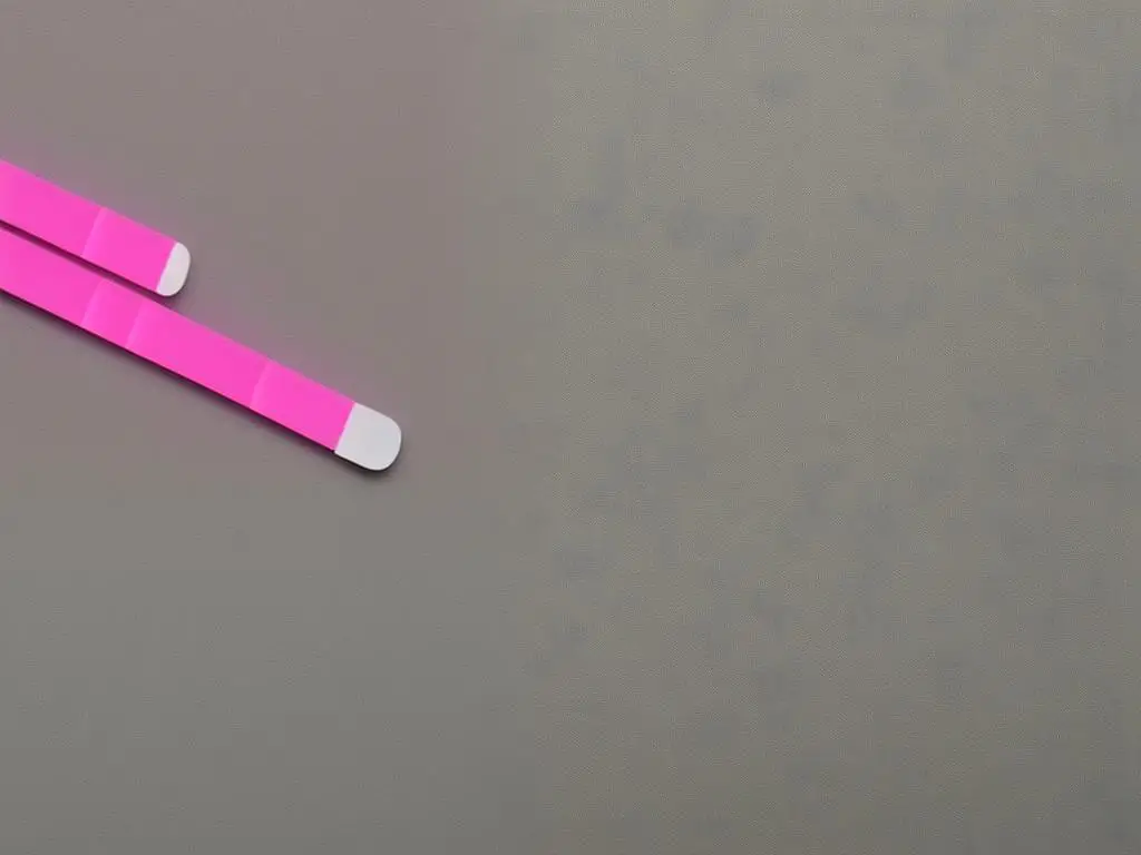 A picture of a pregnancy test strip with two horizontal stripes, one pink and one white. The pink one is visible, indicating the pregnancy.