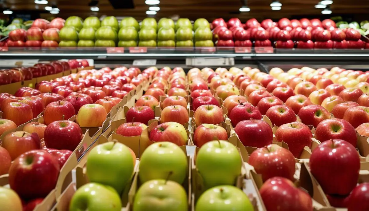 A high-end grocery store display showcasing various premium apple brands