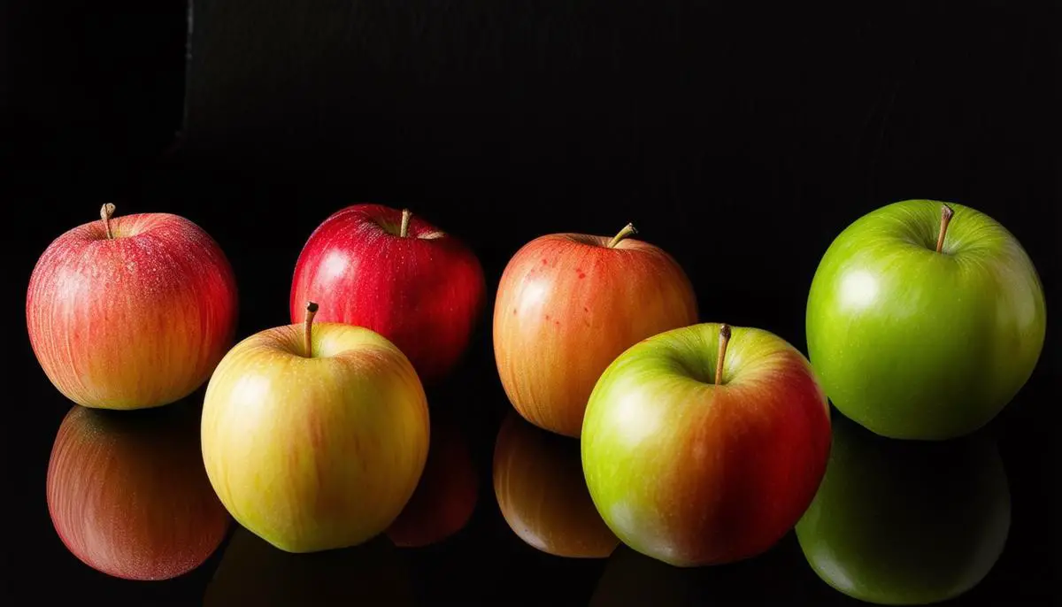 An elegant display of premium apple varieties including Honeycrisp, Cosmic Crisp, and Envy apples on a dark, sleek surface