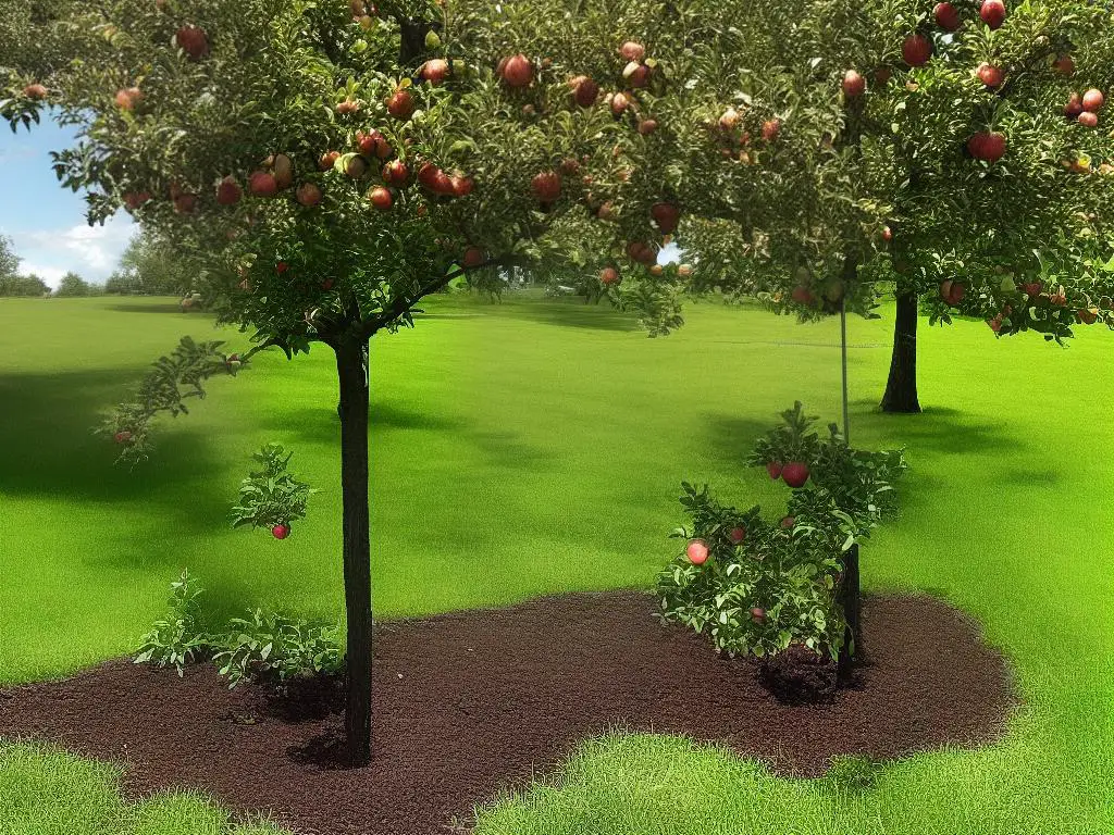 An image of a mature apple tree being watered with a drip irrigation system and surrounded by mulch to retain moisture in the soil.