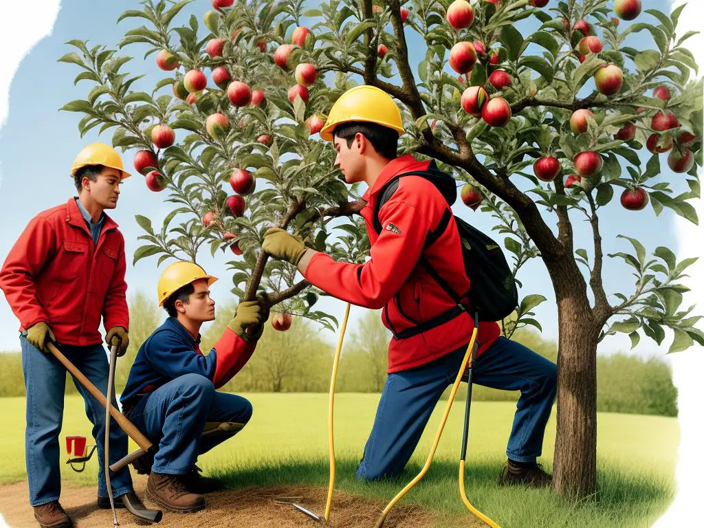 Illustration showing a person pruning an apple tree with the tools and safety equipment described in the text