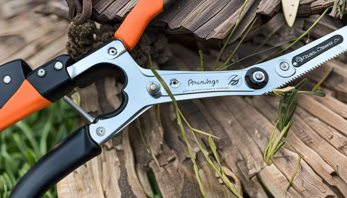 A set of pruning tools including bypass pruners, a pruning saw, and pole pruners