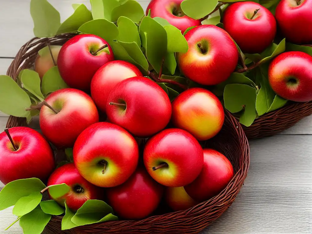 A basket of freshly harvested red apples with leaves and stems still attached.