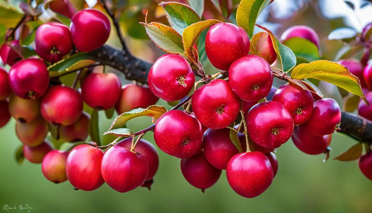 Image of red crab apples on a tree, showcasing their vibrant color and aesthetic appeal.