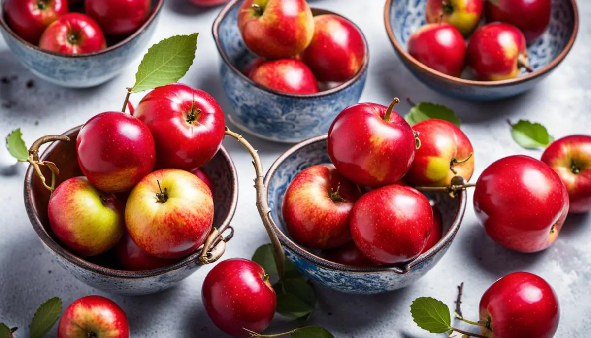 Close-up image of ripe red crab apples in a bowl