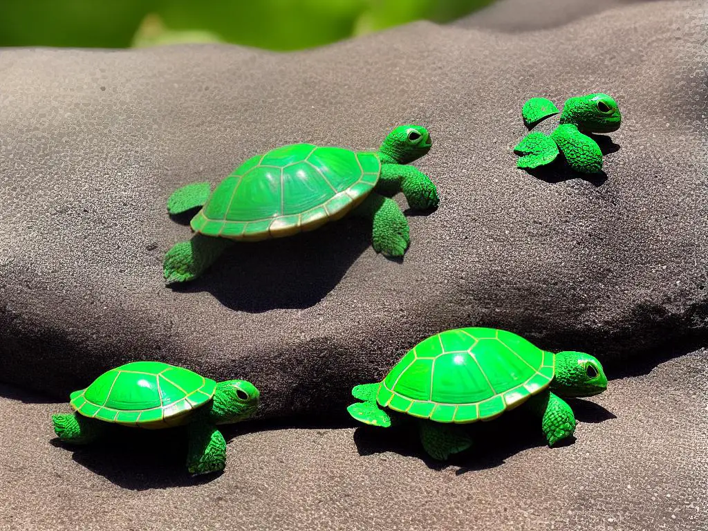 A small turtle with a green-colored shell, sitting on top of rocks and basking under the sun.