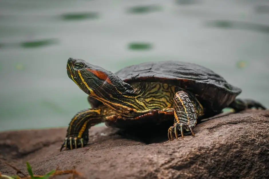 A picture of a red eared slider turtle next to a plate of vegetables and fruits.