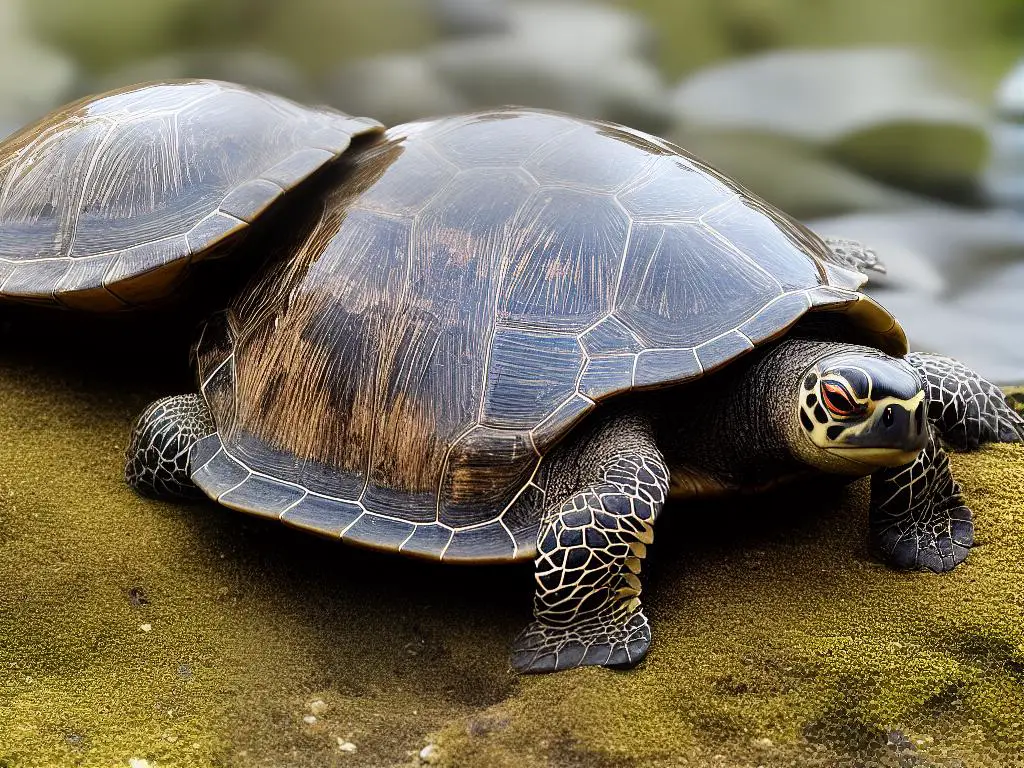 A turtle with a red stripe behind each eye and a greenish shell sitting in a small river with rocks around.