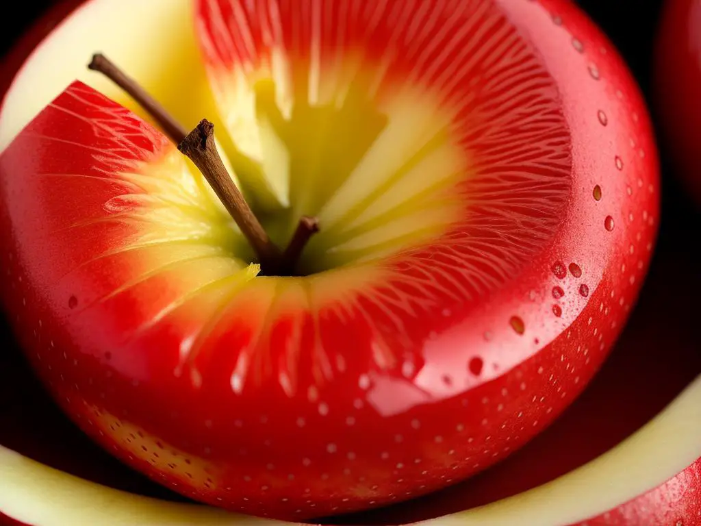 A close-up image of a sliced red-fleshed apple, showcasing its vibrant red coloration inside.