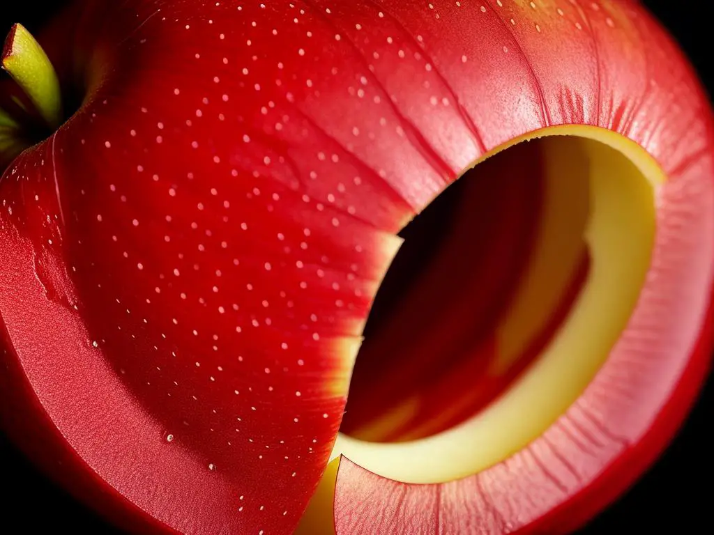 A close-up of a red-fleshed apple sliced in half, revealing its vibrant red flesh.
