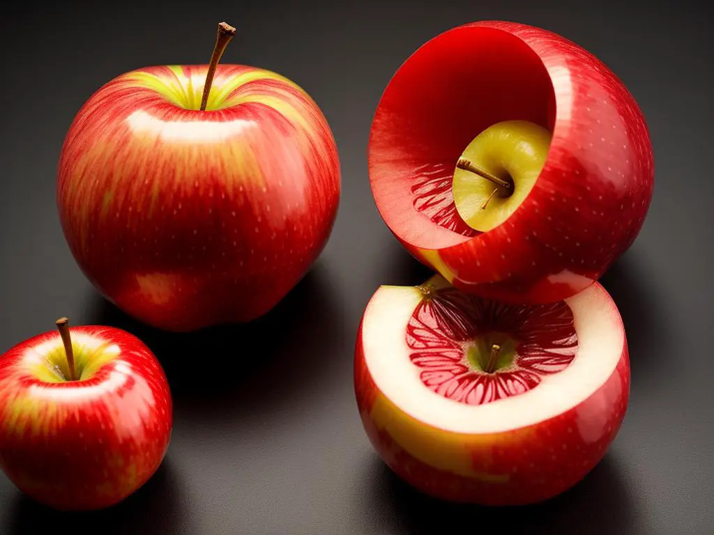 Image of a red-fleshed apple cut in half to reveal its vibrant red interior