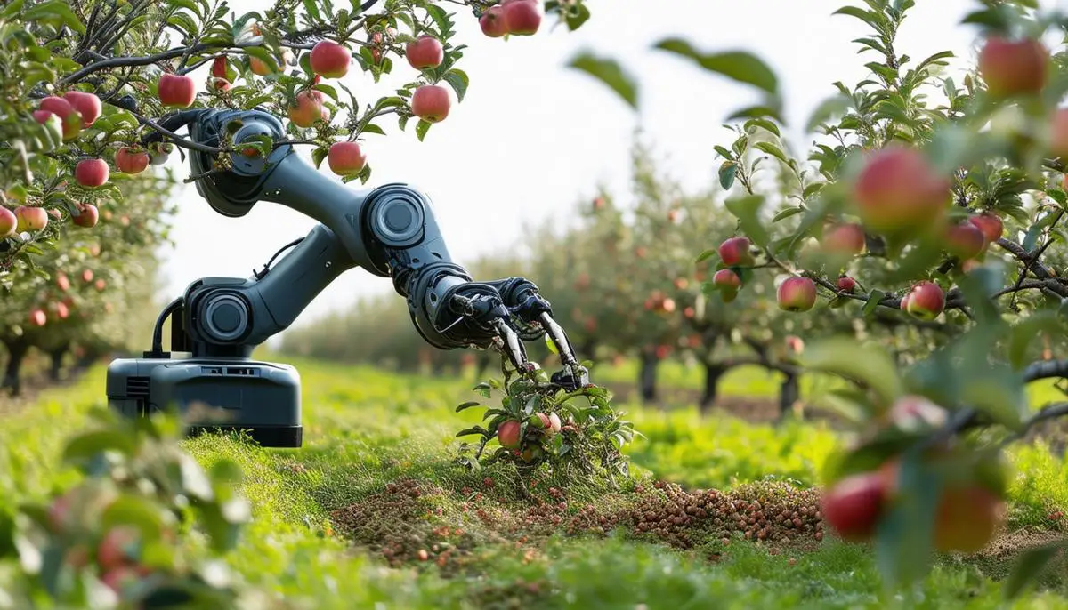 An advanced robotic pruning system carefully trimming apple tree branches in an orchard