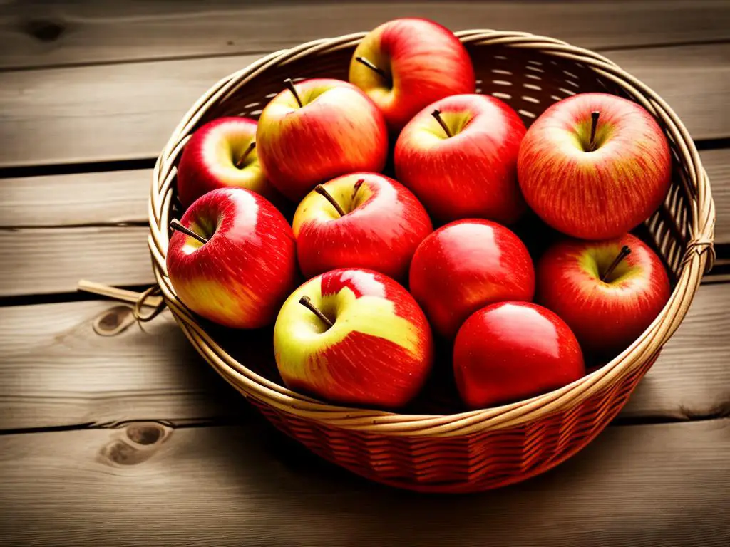 Rome apples displayed in a basket on a wooden table, highlighting their bright red color and inviting appearance