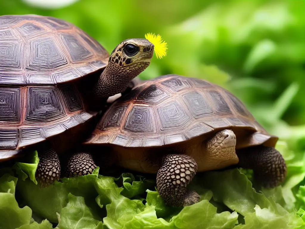 A picture of a Russian tortoise eating various leafy greens, such as dandelion, endive, and escarole, emphasizing the importance of a herbivorous diet.