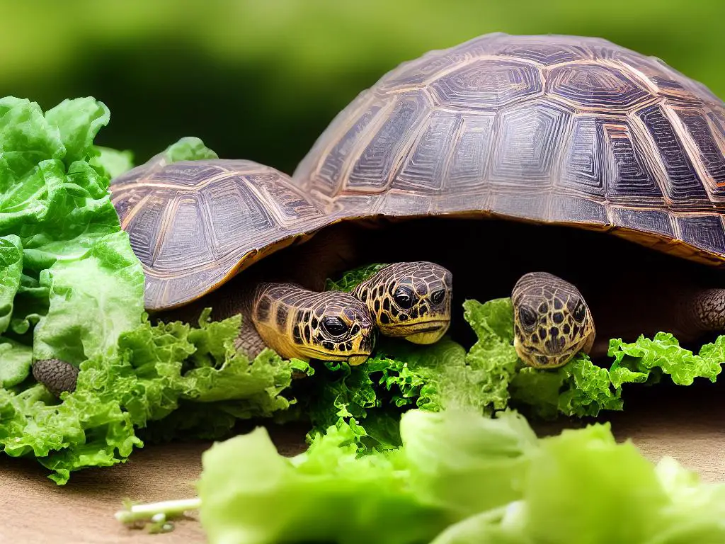 A picture of a Russian tortoise eating leafy greens and vegetables.