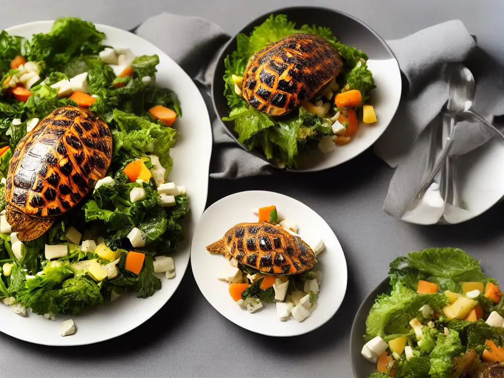 A picture of a Russian tortoise eating leafy greens and vegetables on a plate next to a small dish of cuttlebone supplement.