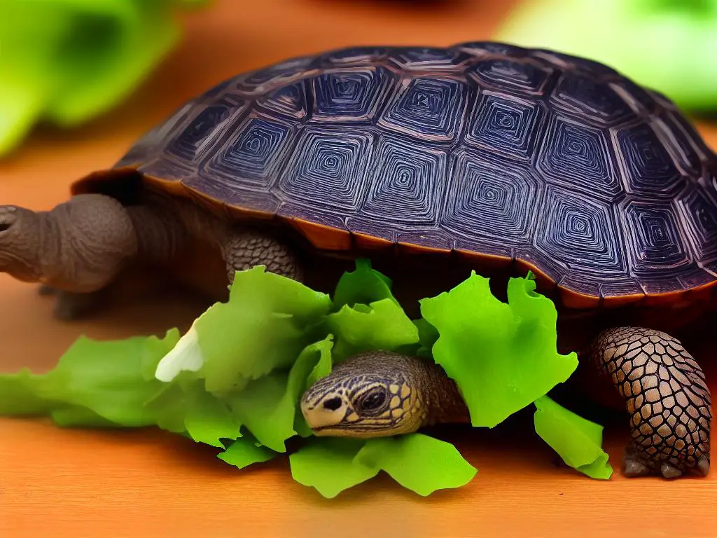 A small tortoise with a brown shell is eating green vegetables from a plate.