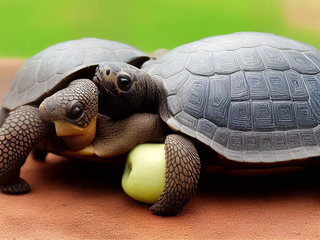 A picture of a small tortoise happily eating a slice of apple.