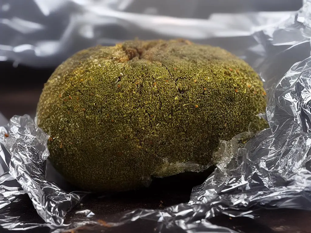 Picture of a moldy apple being disposed of in a sealed plastic bag.