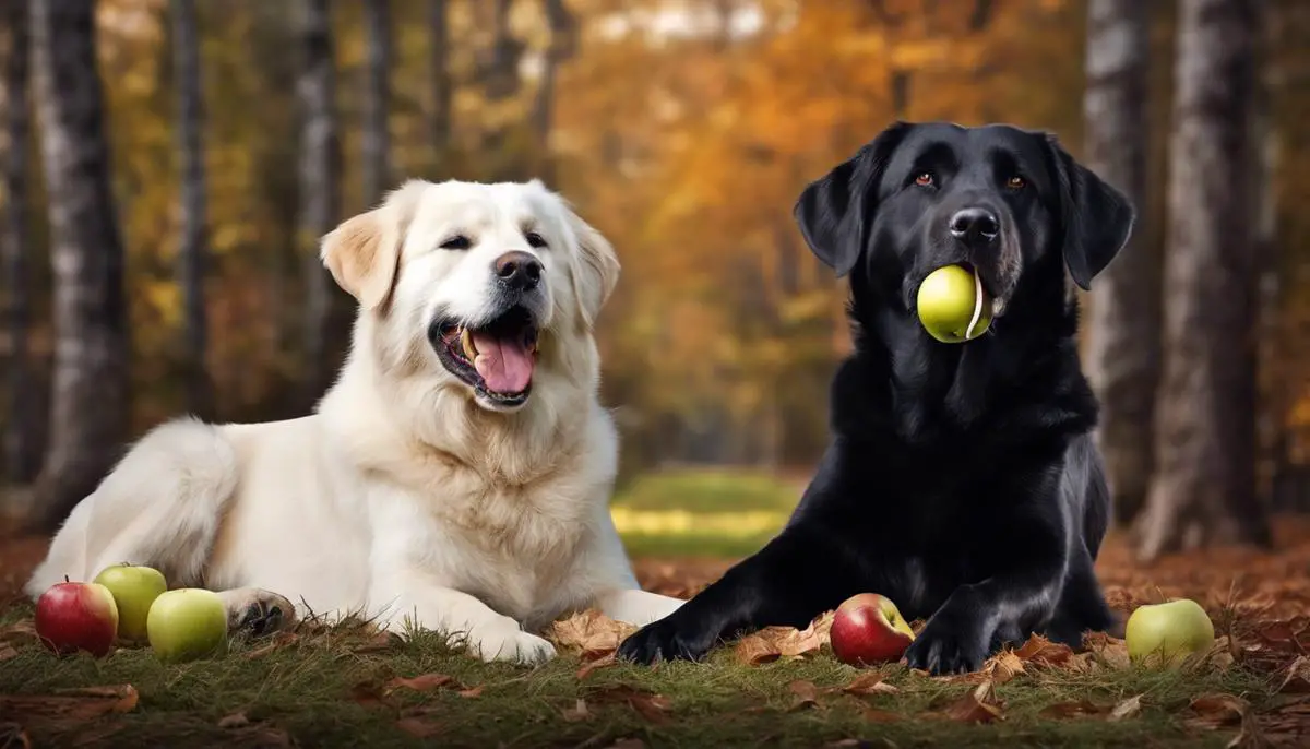 Image description: A dog sitting happily with a half-eaten apple in its mouth.