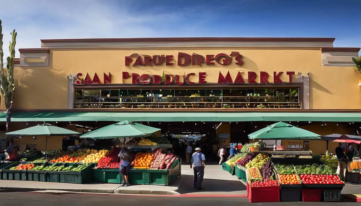 A photo of a San Diego produce market showcasing a variety of fruits and vegetables