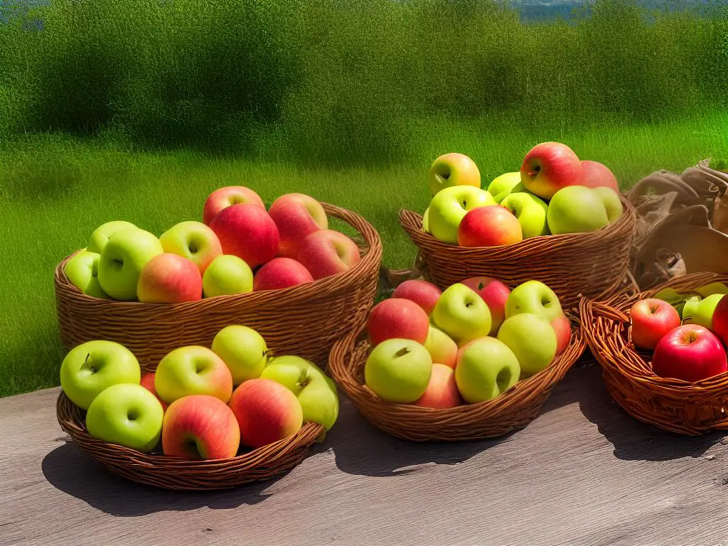 A basket of freshly picked apples sitting on a wooden table with a scenic orchard in the background.