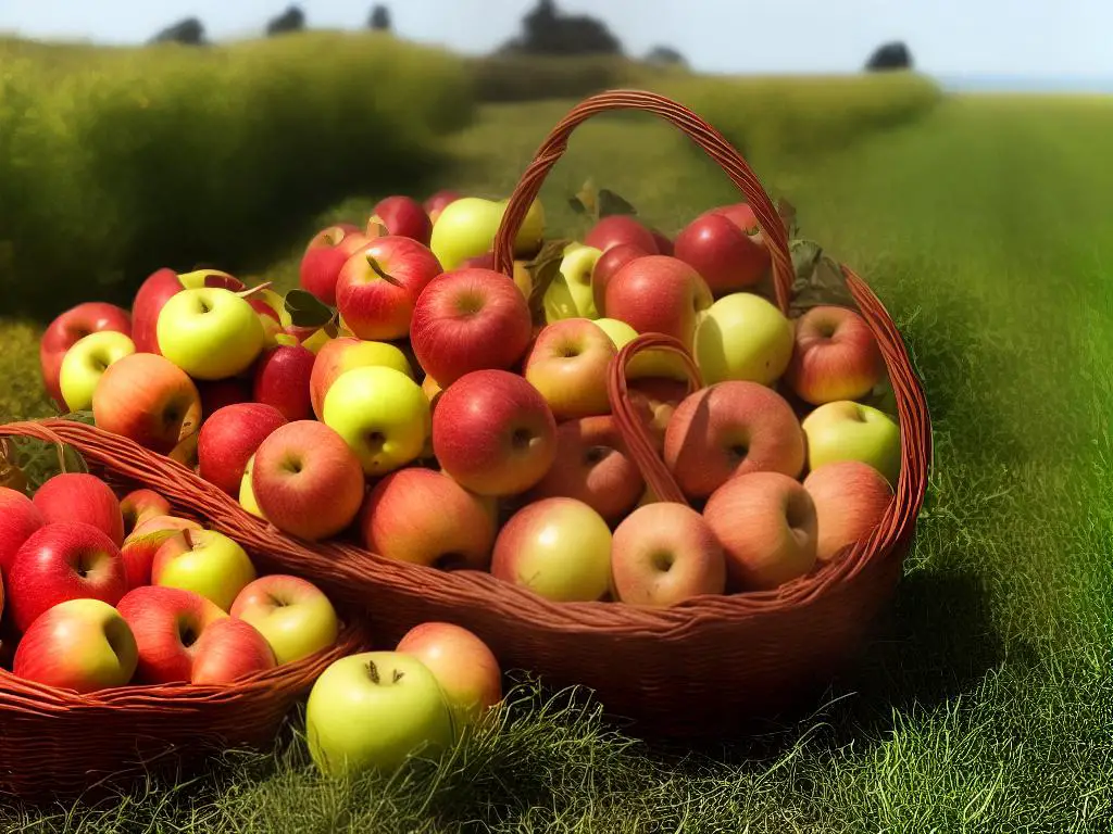 A basket full of freshly picked apples from an orchard in the San Francisco Bay Area
