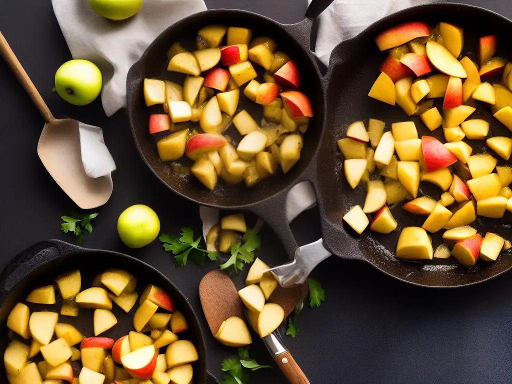 A photo of sautéed apples being stirred in a skillet on a stovetop