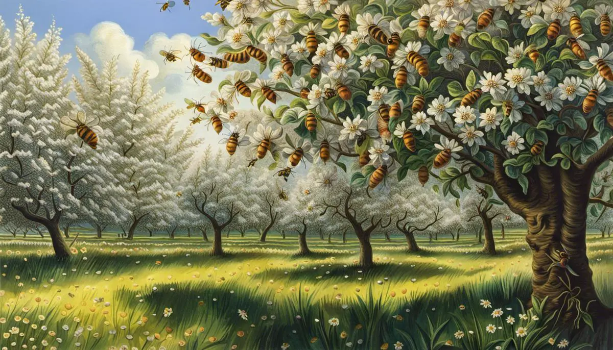 Illustration showing bees pollinating apple trees