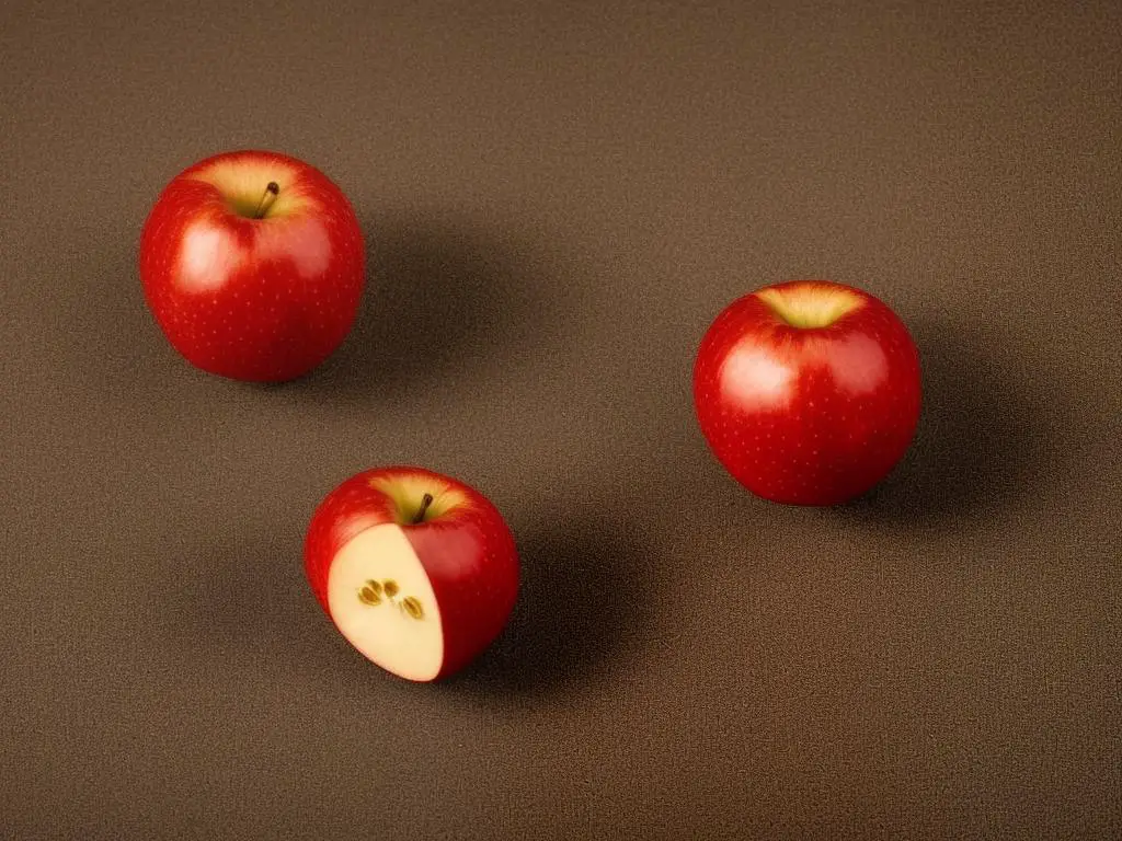 A photo of a red apple cut in half, revealing its inner flesh and visible seed structure, representing the traditional image of an apple.