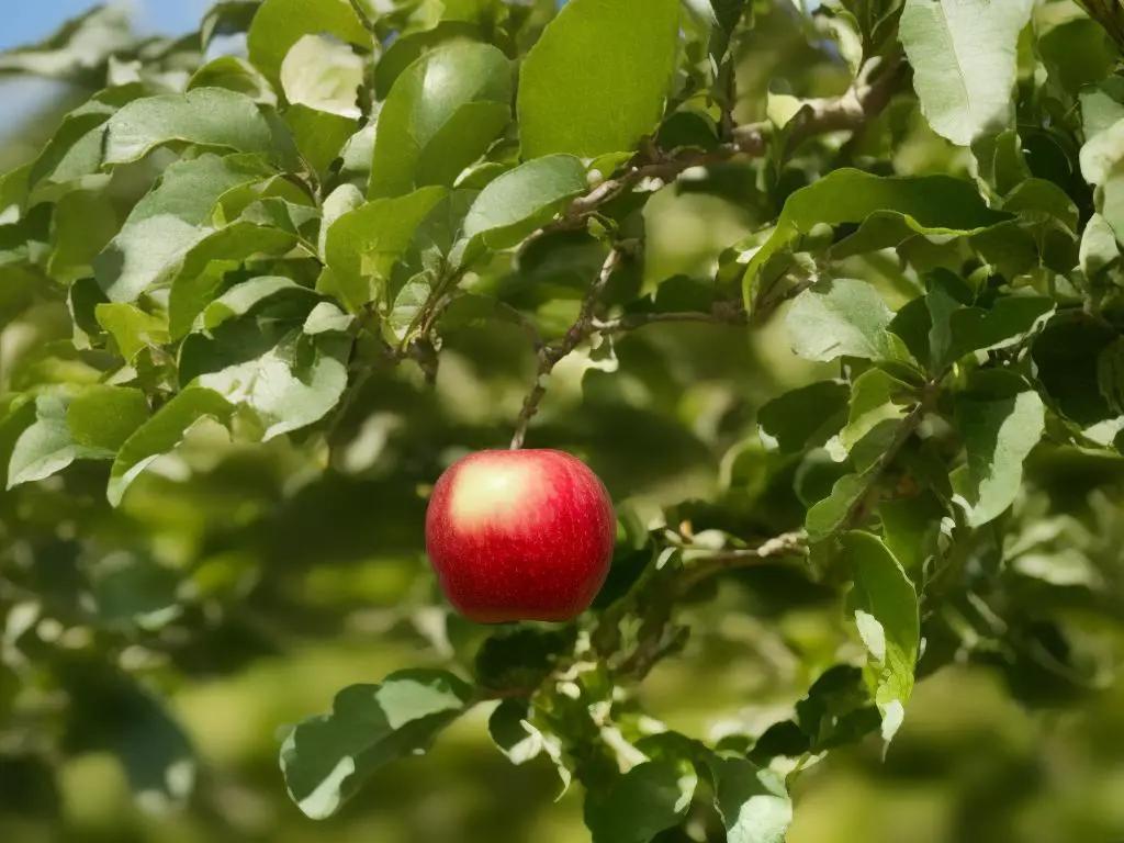 A ripe, red, juicy Fuji apple with a green stem on a white background.