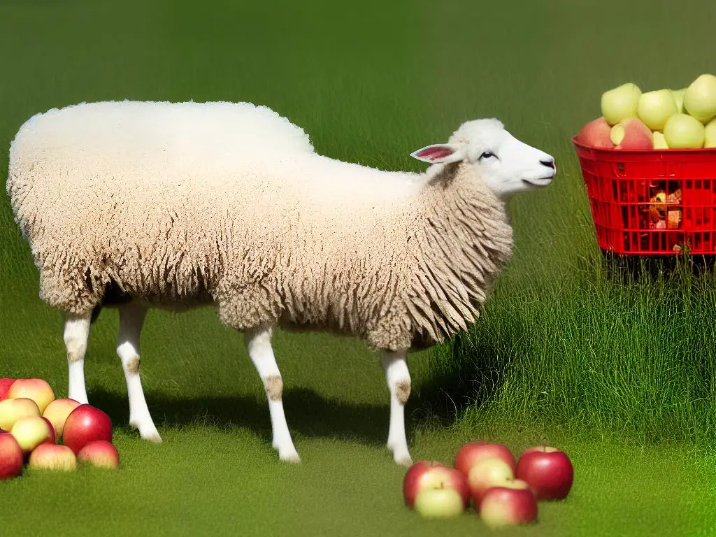 A cartoon image of a sheep happily munching on an apple with various fruits and vegetables scattered around. The image shows that apples are a healthy and tasty snack for sheep that can promote their overall health and wellbeing.