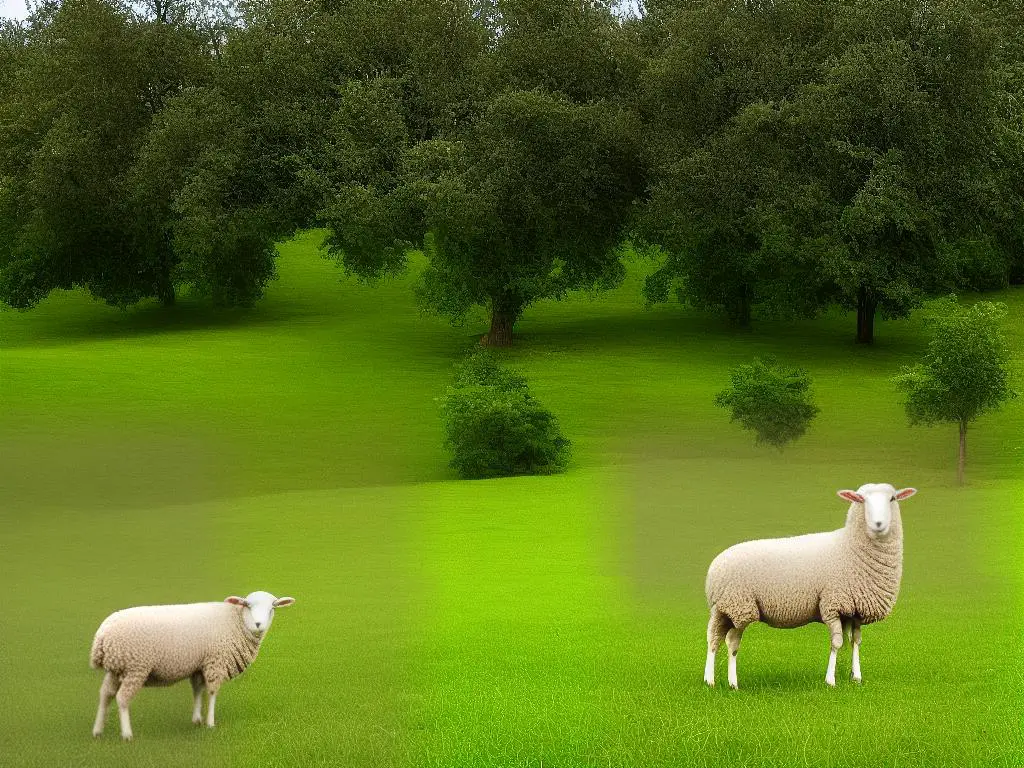 An image of a sheep standing in a grassy field with a basket of various fruits and vegetables beside it.