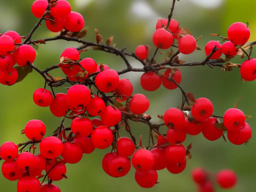 A close-up image of a cluster of bright red Siberian crab apples on a branch with green leaves.