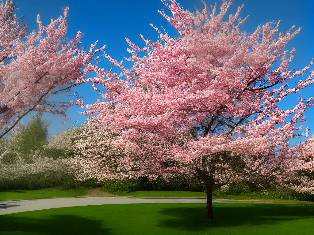 A photo of a Siberian Crab Apple tree in full bloom, highlighting the white and pink flowers and the small, edible crab apples growing from the branches.