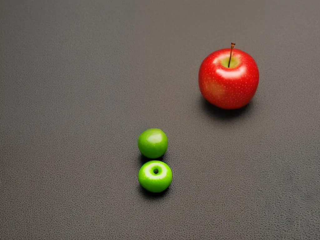 a round, red apple with a green stem lying on its side on a wooden surface