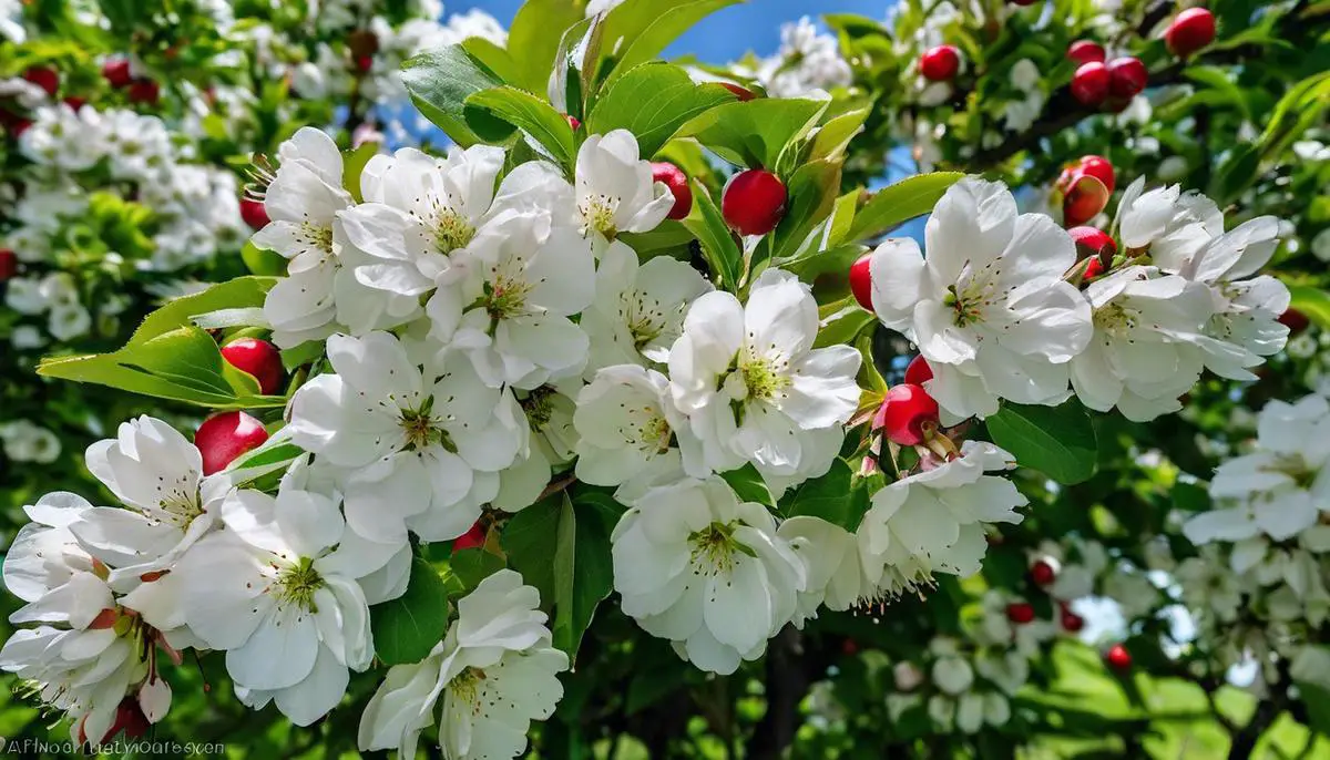 Image of Snowdrift Crab Apple tree showing its blooming white flowers, vibrant green leaves, and small red apples.