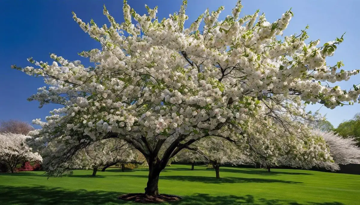 A beautiful Snowdrift Crab Apple Tree with white blossoms, adding elegance to a garden.