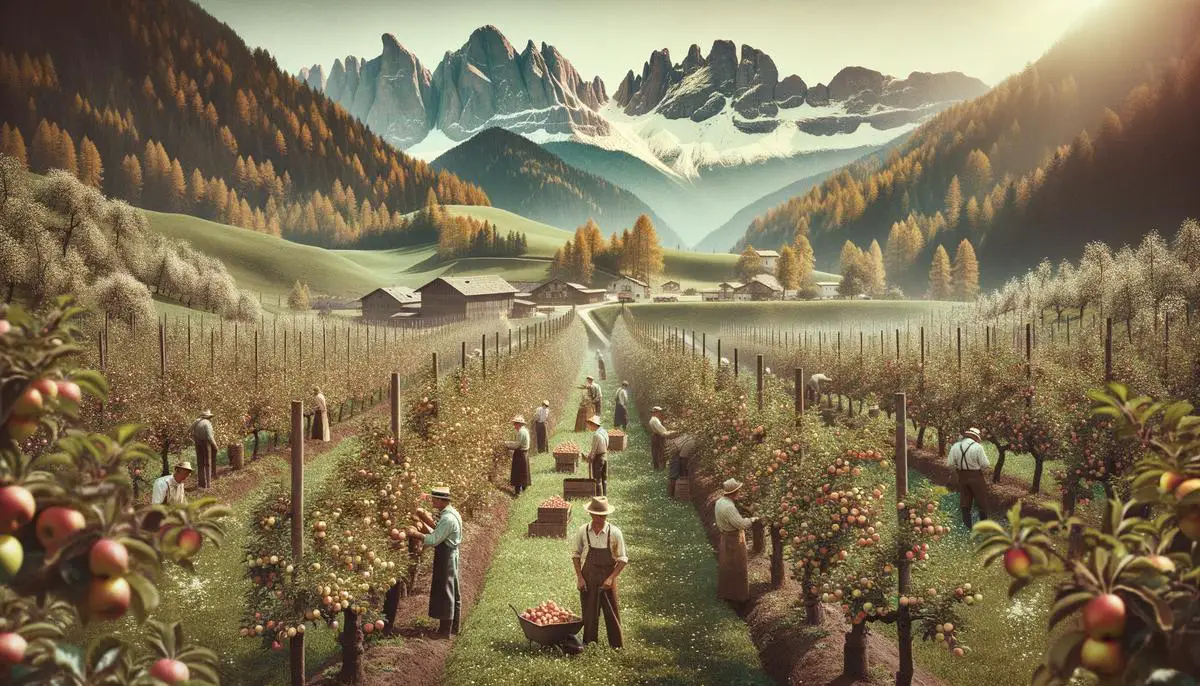 A picturesque South Tyrolean apple orchard with snow-capped mountains in the background