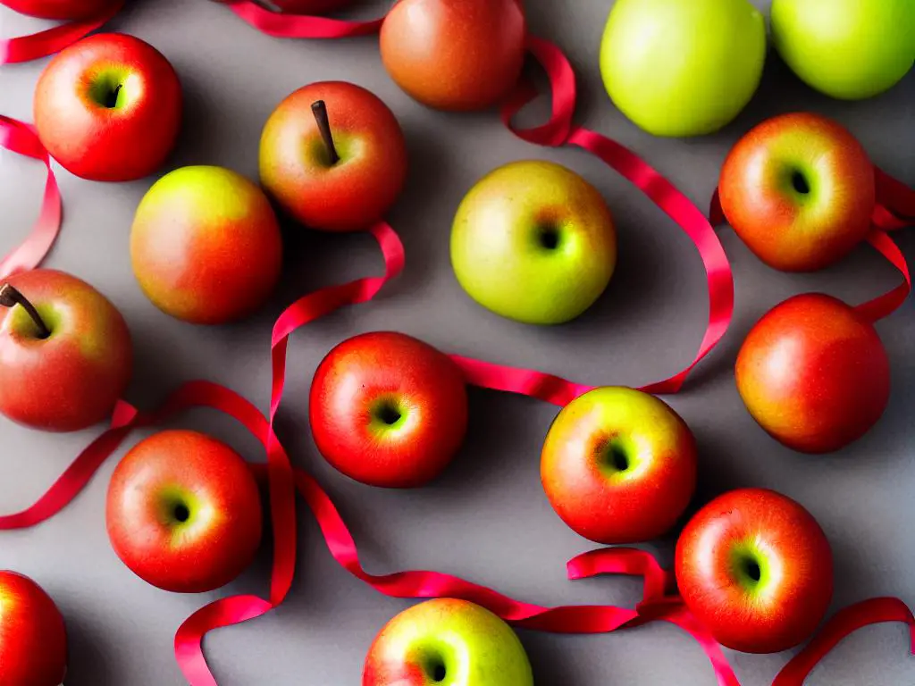 A picture of caramel apples wrapped in plastic wrap and held together with a red ribbon to keep them fresh.