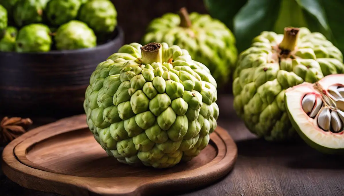 Image of a sugar apple, a tropical fruit with a lumpy exterior and creamy white flesh. It is known for its sweet taste and enticing aroma.