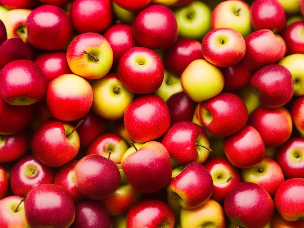 A close-up image of SugarBee apples with vibrant red and pink hues on a yellow background.