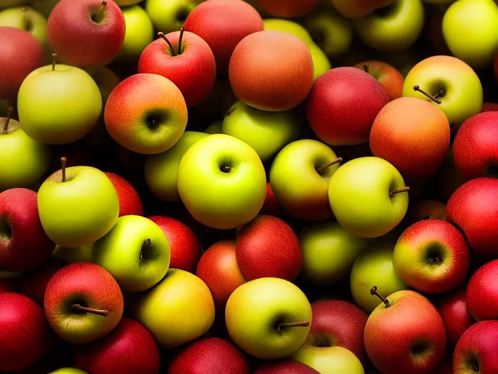 A close-up image of freshly harvested SugarBee apples, with a vibrant red and yellow coloration, showing their sweetness and crispness.