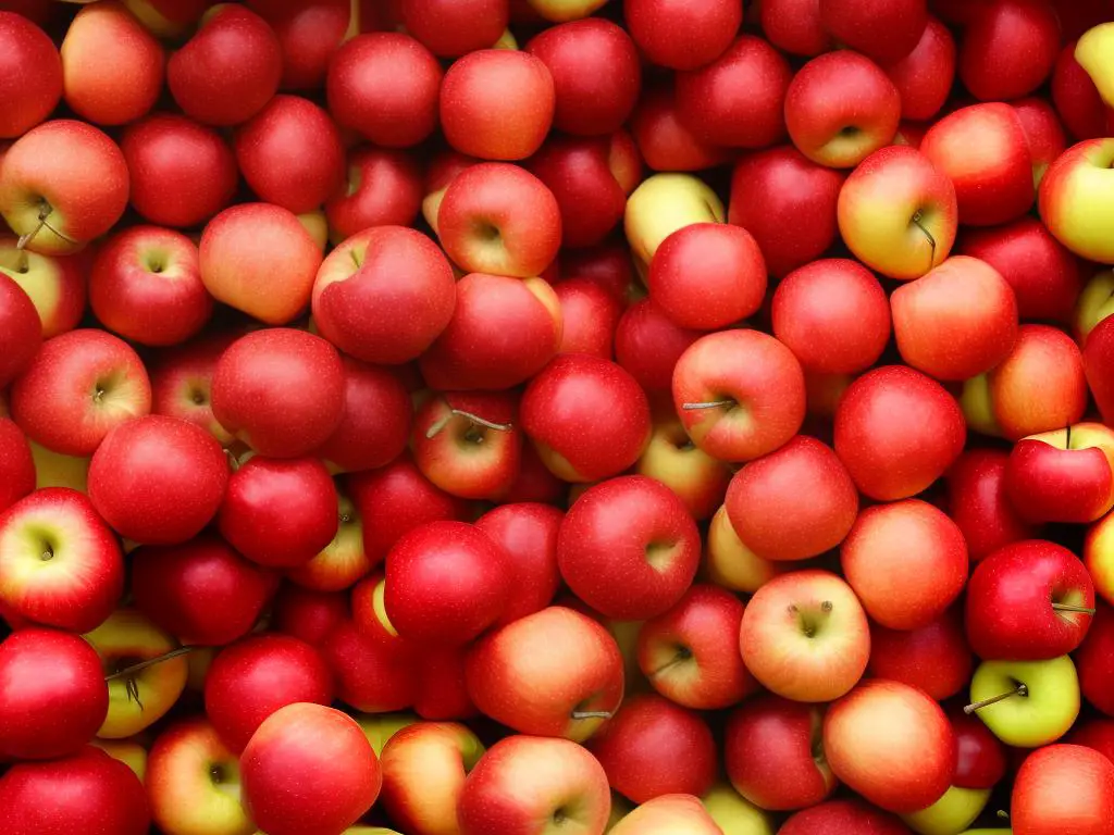 Image of Sundowner apples, shiny red and slightly speckled on the outside with a creamy white or slightly pink flesh on the inside.