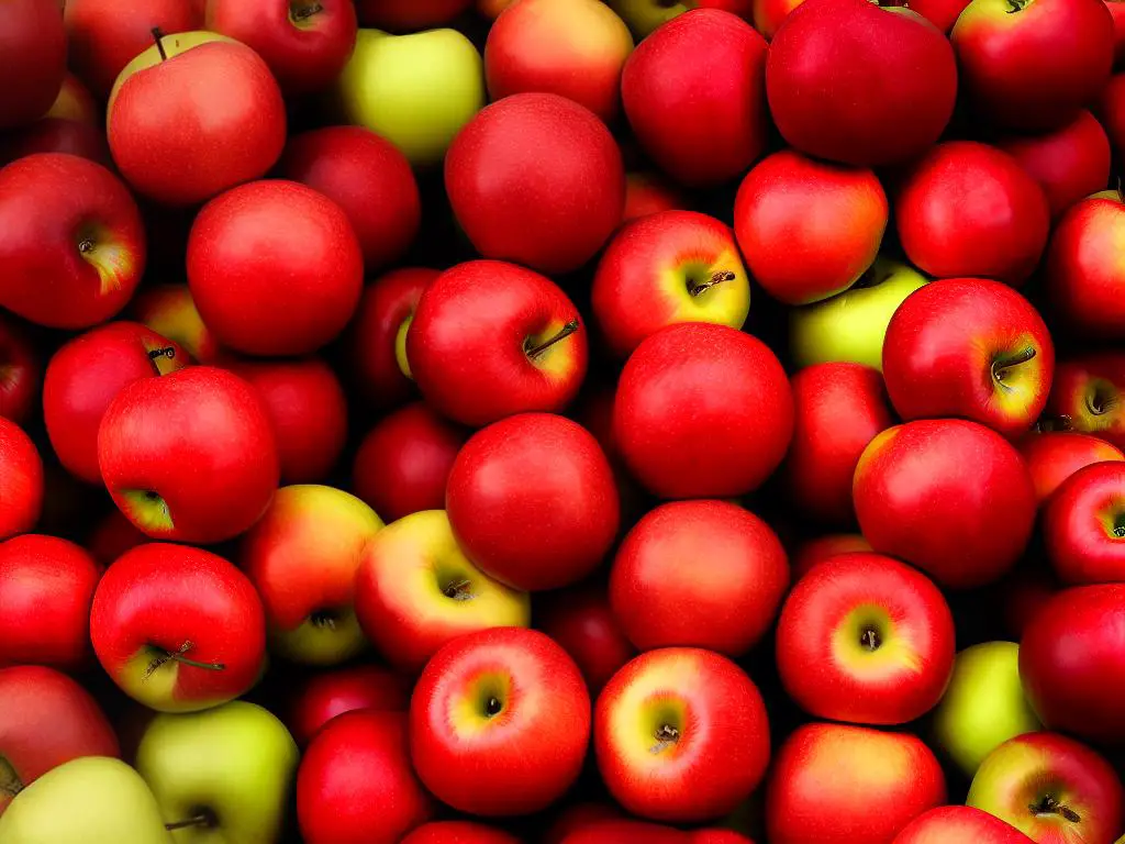 A photo of a pile of Sunrise Magic Apples, showcasing their vibrant red color and enticing texture.