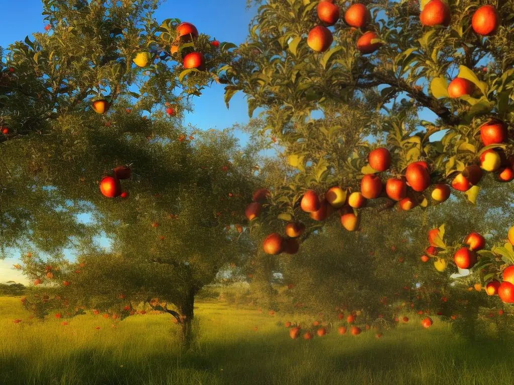 Image of ripe Sunrise Magic Apples on a tree branch, showcasing their bright yellow skin with hints of orange and red blush like a sunrise.