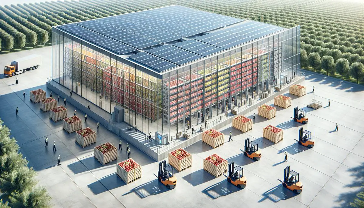 Modern, eco-friendly apple storage facility with solar panels and smart technology