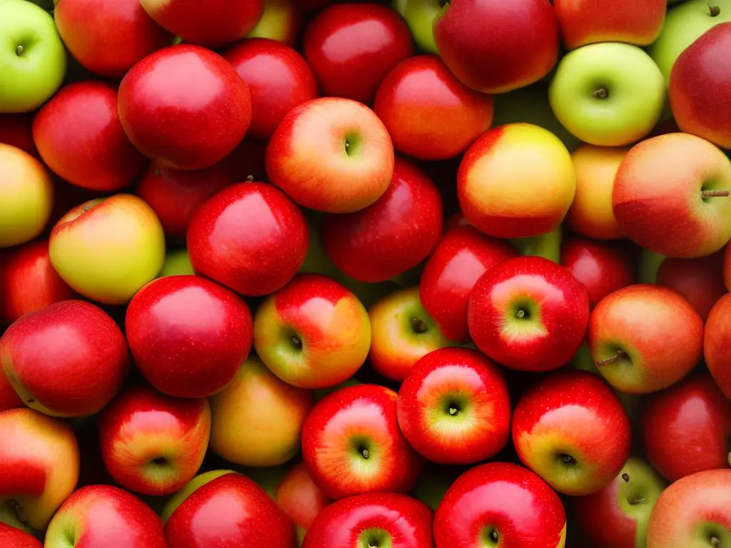A close-up photo of SweeTango apples showcasing their vibrant red blush, streaks of yellow and green, and the crisp flesh bursting with juiciness.