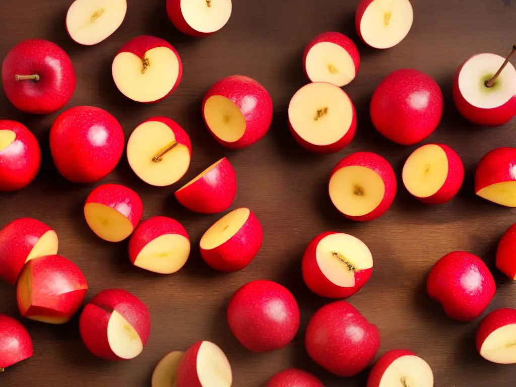 Sweetie apples laying on a wooden surface, showcasing their bright red skin and golden undertones.